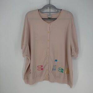 VTG Koret Francisca Cardigan Women 3X Pink Embroidered Shoes Waffle Knit Grandma